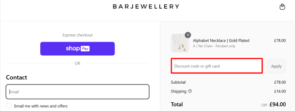 The checkout page showing where to apply your BAR JEWELLERY voucher code