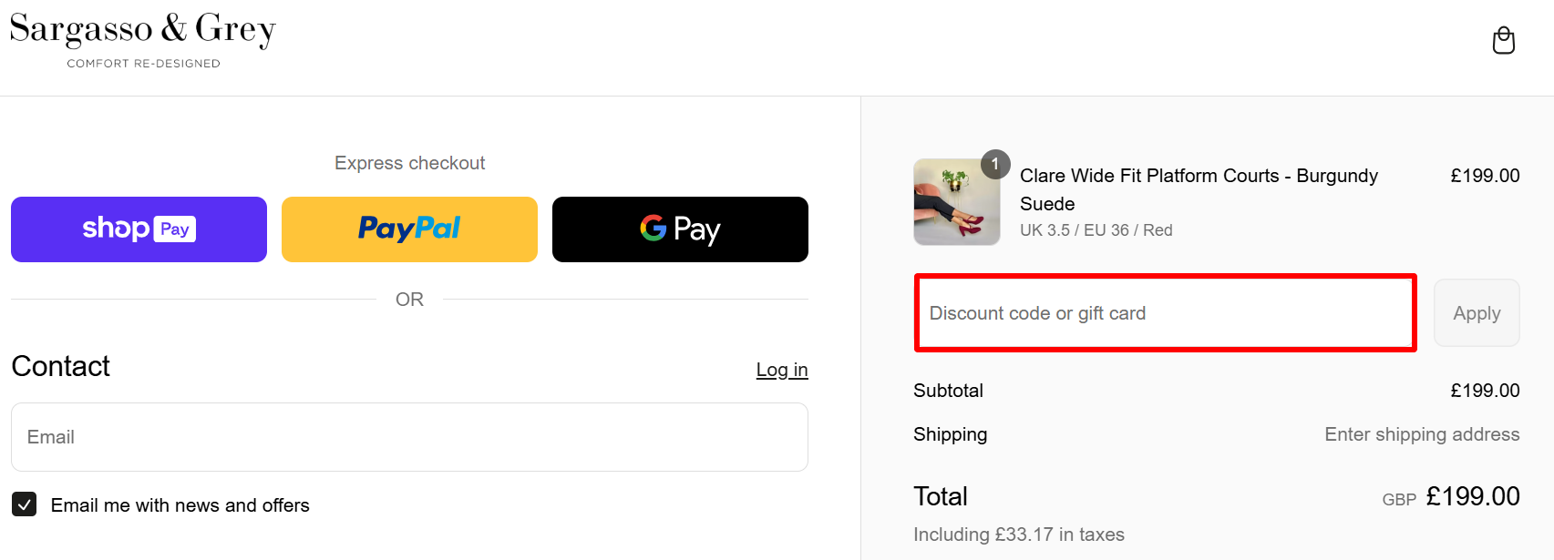 The checkout page showing where to apply your Sargasso & Grey voucher code