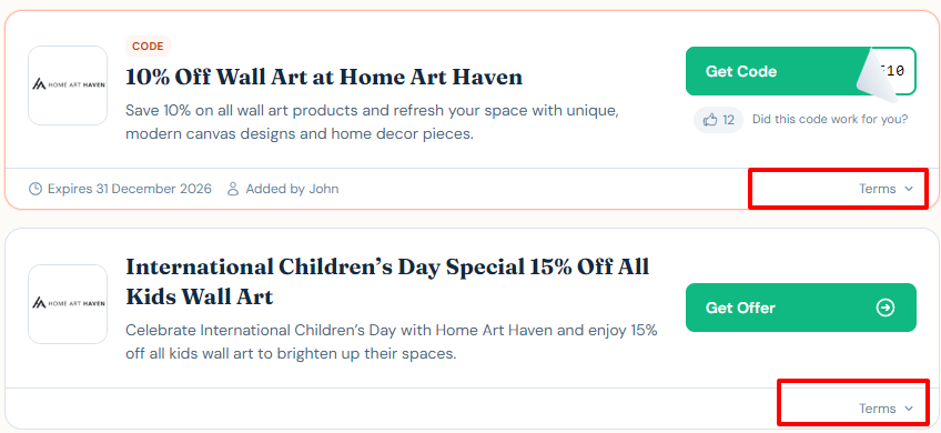 red boxes around the terms button, two deals are also on display