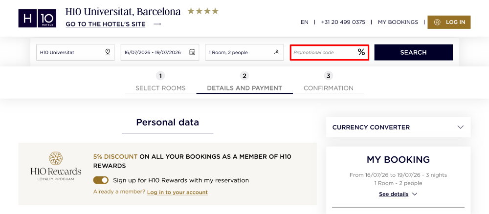 The checkout page for H10 Hotels, where you paste the code