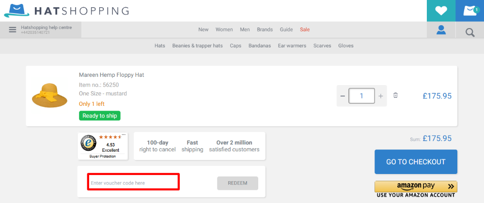 Hatshopping discount code box highlighted with a red box on their shopping bag page