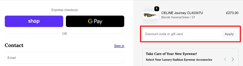 The checkout page showing a highlighted red box where you paste your Fashion Eyewear voucher code
