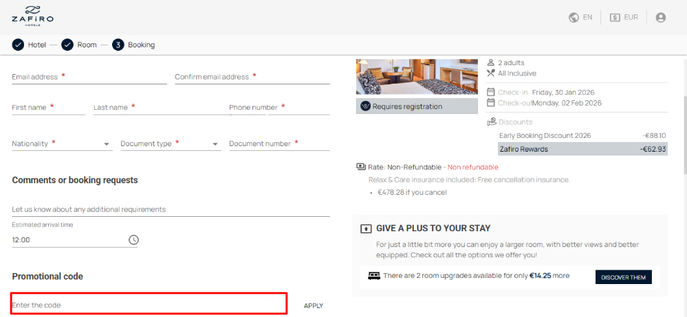 The booking step where you can apply your Zafiro discount code