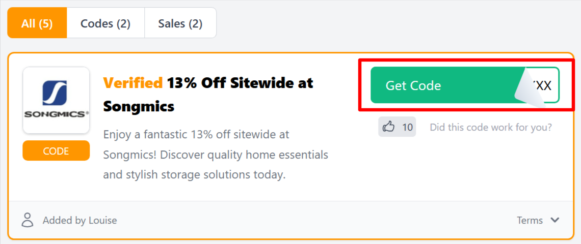 A Songmics voucher code for customers to use to save money 