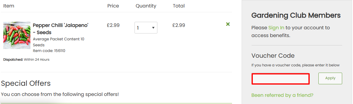 Enter your Suttons discount code in the red book