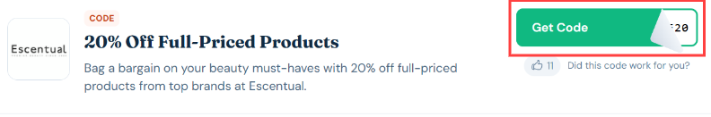 An Escentual voucher code with "Get Code" in a red box