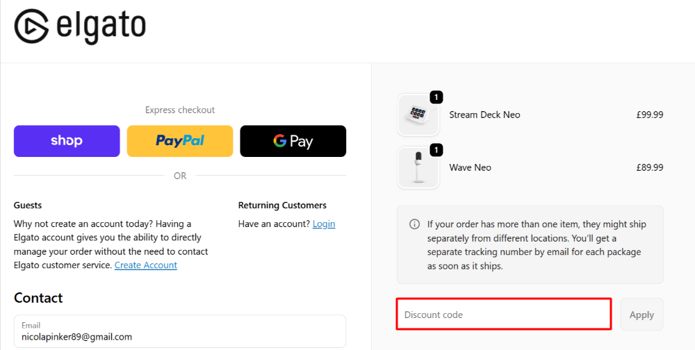 The Elgato checkout page with where to paste the Elgato coupon code in a red box