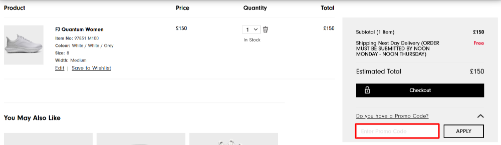 The FootJoy shopping cart page with where to paste the FootJoy discount code in a red box