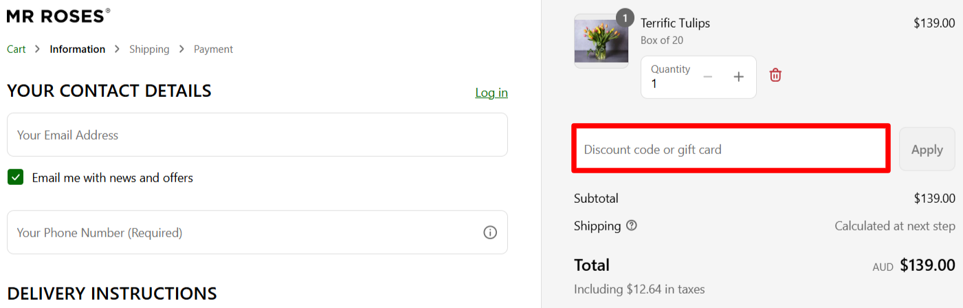 The Mr Roses checkout page with the promo code box highlighted with a red box