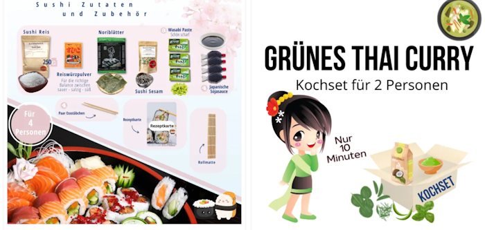 Mehrere asiatische Zutaten und Speisen von asiafoodland.de
