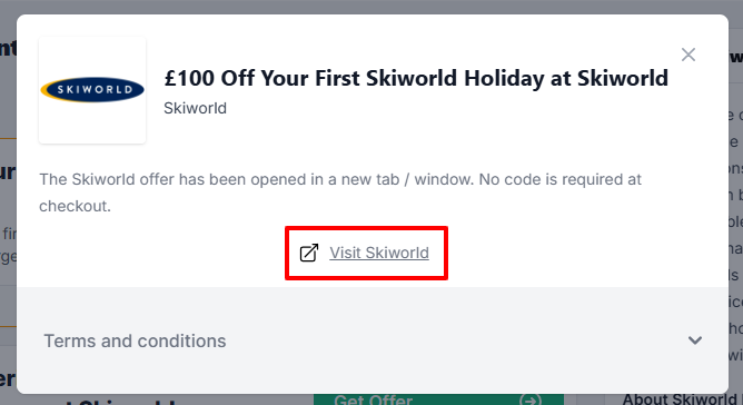A Skiworld offer with "Visit Skiworld" in a red box.