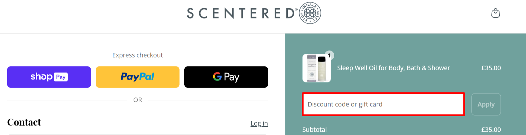 The checkout page showing where to apply your Scentered voucher code