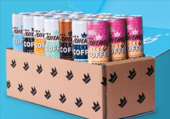 A box of assorted Jimmy's Iced Coffee's cans in various flavours and put inside a box