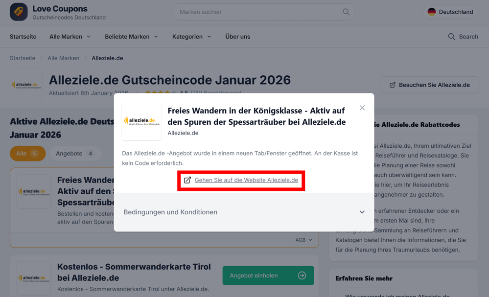 Ein offenes Angebot auf der Love Coupons-Seite für Alleziele.de