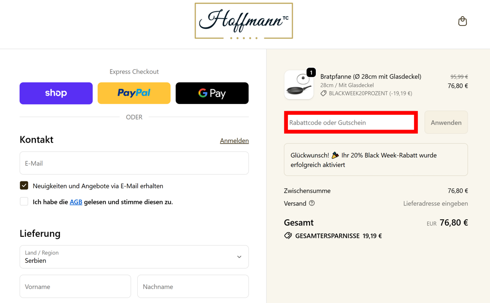 Checkout von Hoffmann mit rotmarkierten Eingabefeld für Gutscheincodes