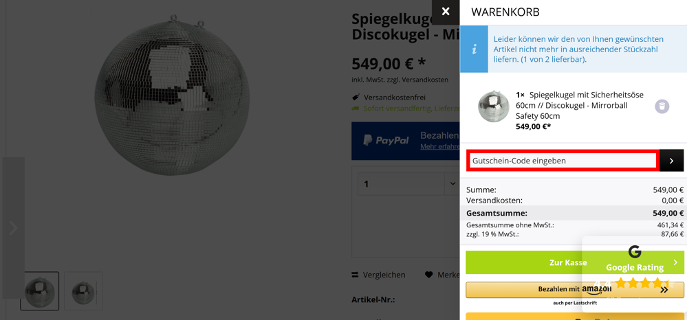 Warenkorb von 7EVEN mit einem rotmarkiertem Eingabefeld für Gutscheine