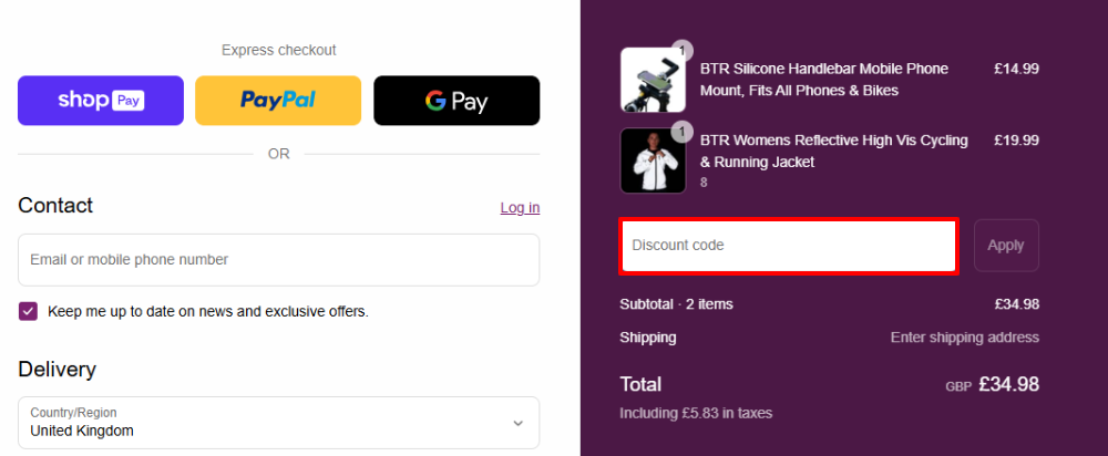 The BTR Direct Sports checkout page with where to paste the BTR Direct Sports voucher code in a red box.