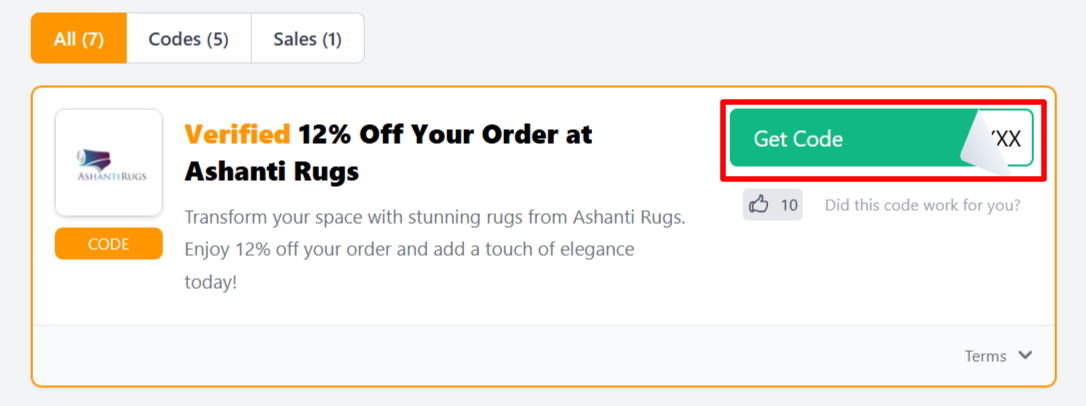 The Love Discount Vouchers page shows Ashanti Rugs promo codes and offers to use on your purchase.