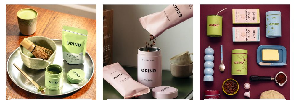 Grind coffee products including beans, matcha and gift tins