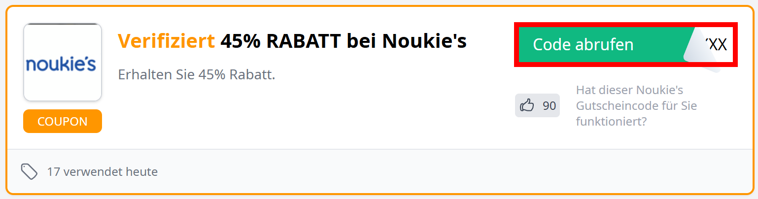 Angaben zu einem Rabattcode für Noukie's mit rotmarkiertem Abruf-Button für den Code