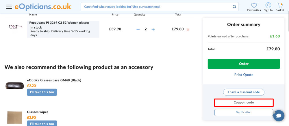 The checkout page shows where to apply your Eopticians.co.uk discount code