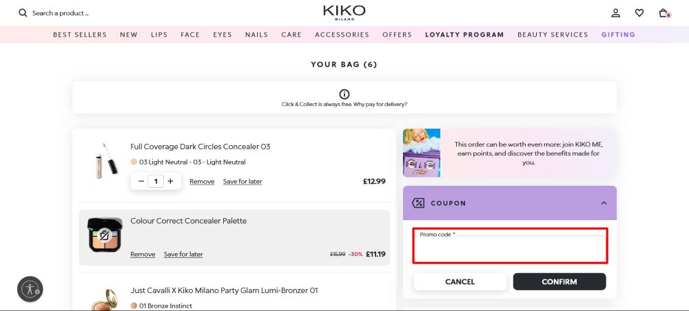 Kiko Milano checkout page were a code is pasted