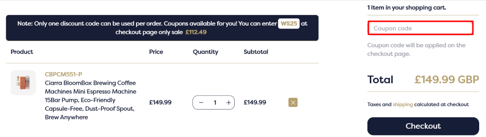 The Ciarra checkout page with where to paste the Ciarra voucher code in a red box