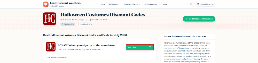 A Halloween Costumes offer on Love Discount Vouchers that automatically opens the Halloween Costumes website