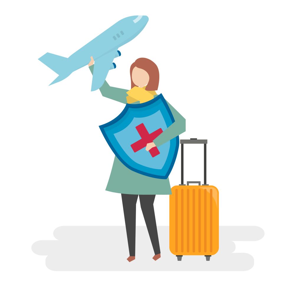 Travel insurance illustration with suitcase, shield and airplane