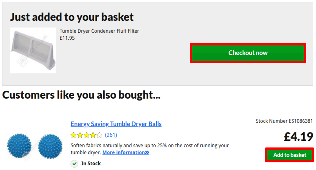 The eSpares shopping page with the checkout now tab and add to basket tab highlighted in red