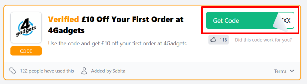 A 4Gadgets voucher code with "Get Code" in a red box.