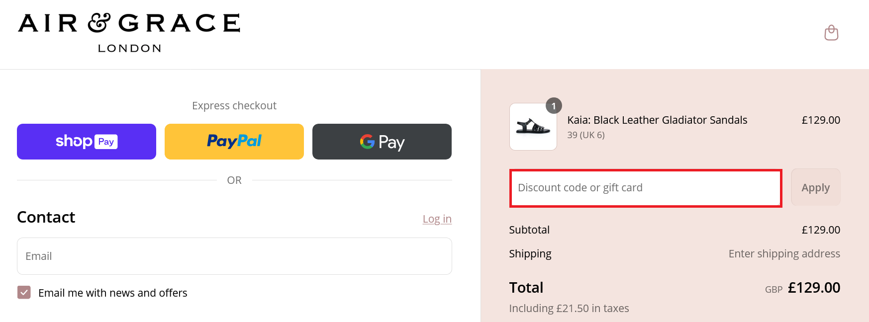 image showing the discount code box on the Air & Grace checkout page