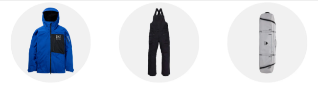 three of Burton Snowboards clothing categories including pants