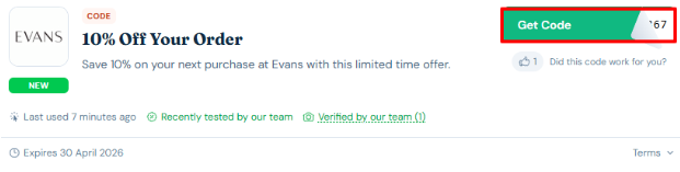 A box will show the Evans voucher code to use on your purchase