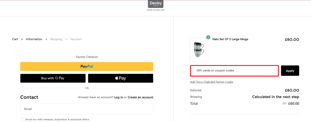 The Denby checkout page
