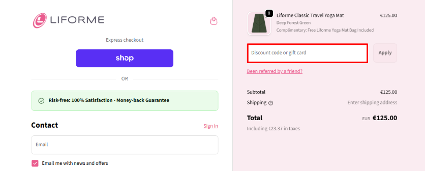 Liforme promo code box which shows in the red box