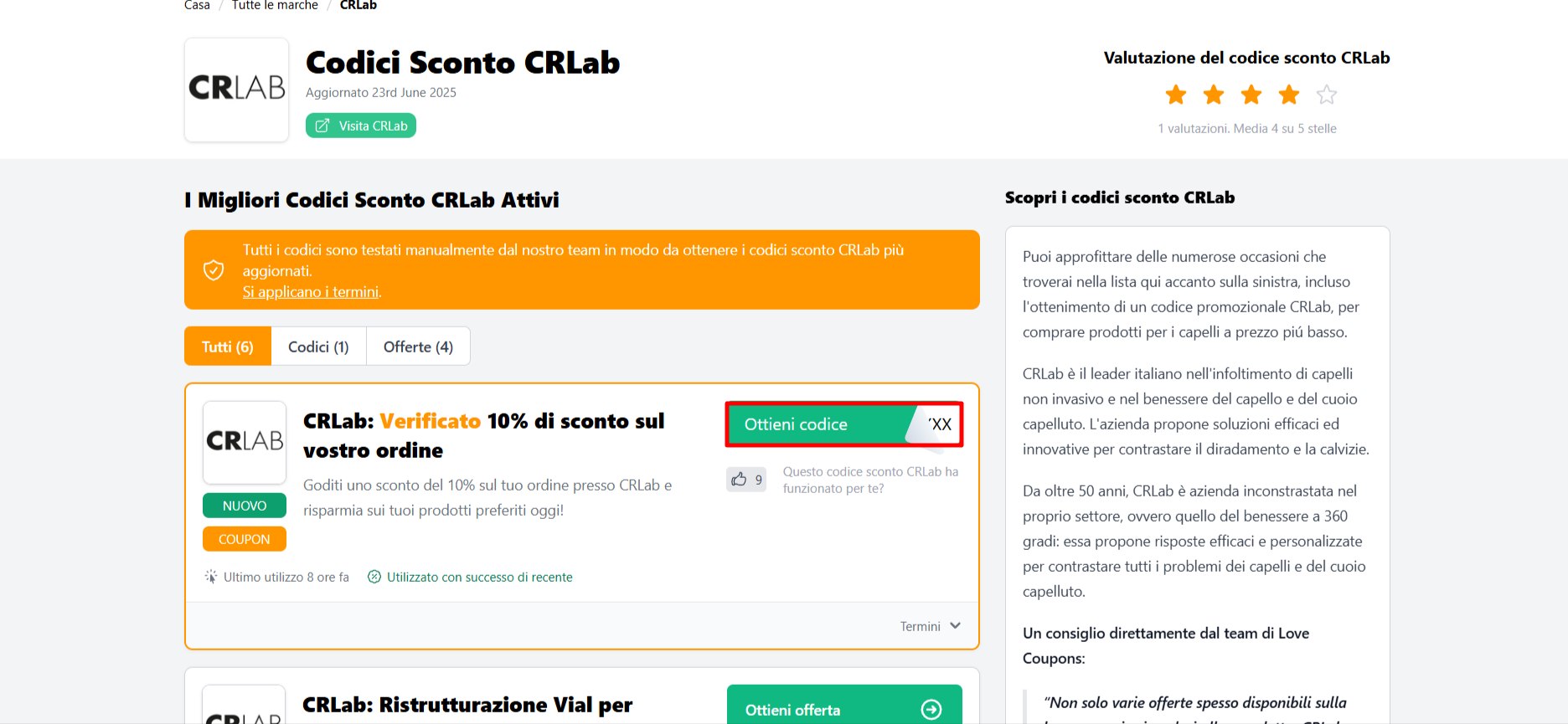 codice sconto CRLab visibile e valido da poter prelevare per risparmiare sui prodotti CRLab