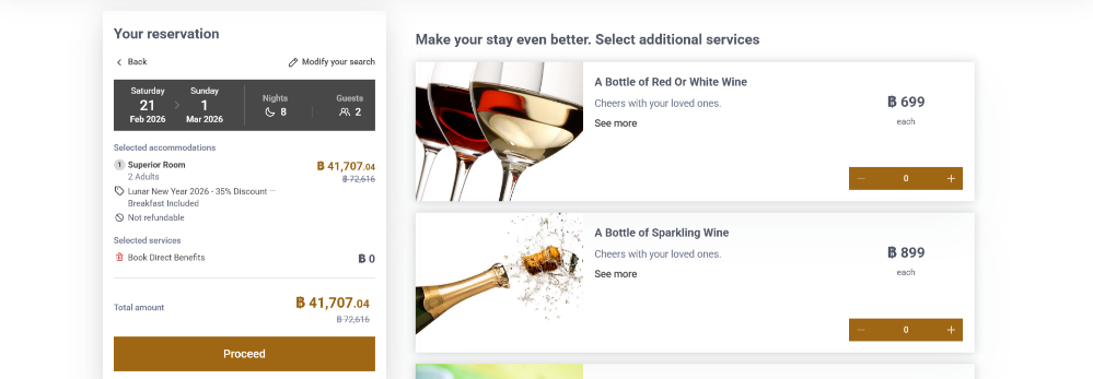 A Chanalai Hotels & Resorts booking summary on the add-ons page a different options clients can choose