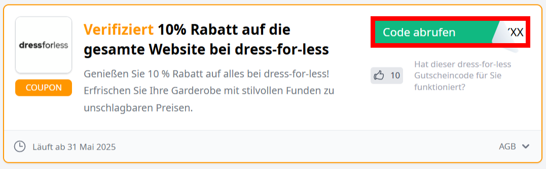 Infos zu einem Gutscheincode von dress-for-less mit einer rotmarkierten grünen Schaltfläche