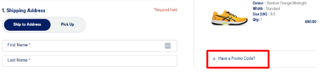 highlighted red box where customers can enter their ASICS discount code
