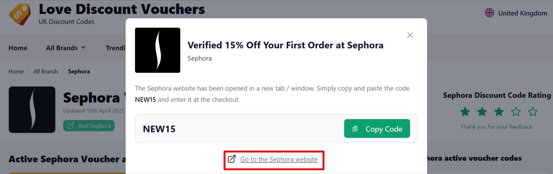 The highlighted red box shows the link that takes you to the Sephora website