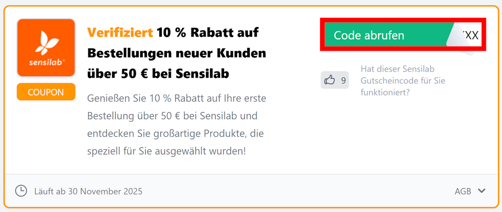 Infos zu einem Sensilab Rabattcode mit rotmarkiertem Button