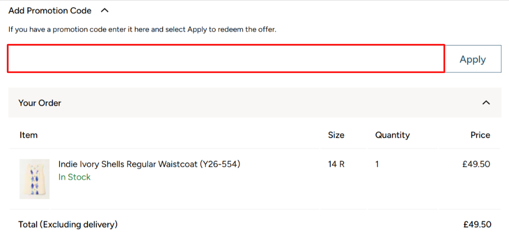 The FatFace checkout page with where to paste the FatFace discount code in a red box