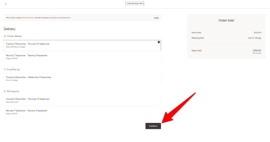 INTIMISSIMI page with shipping options to select