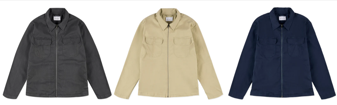 three of Albam shirts in beige, blue, and charcoal for man's clothing