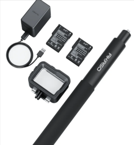 The AKASO invisible selfie stick, batteries and other accessories