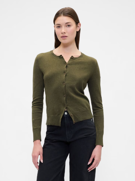 Cardigans for autumn: A model wearing the Olive Green Crew Neck Cardigan