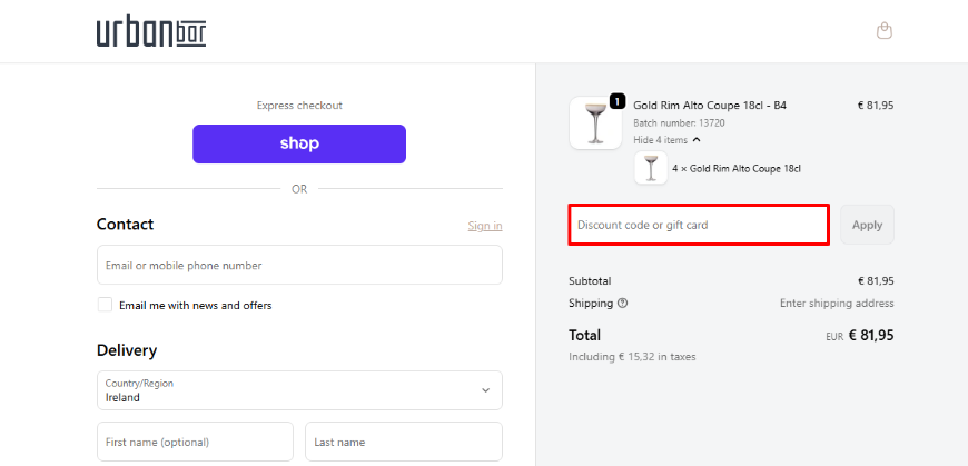Apply your Urban Bar promo code to your order