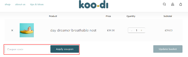 Koo-di shopping checkout page where there is a highlighted code box