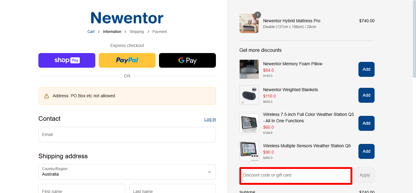 Newentor's checkout page where you can use your Newentor discount code